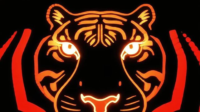 Glowing neon tiger face with intense eyes and stripes