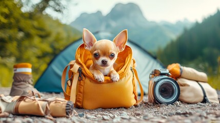 puppy pet camping concept Chihuahua in a backpack near camping gear and a camera