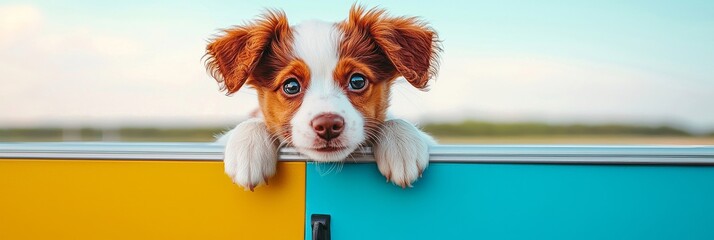 puppy pet camping concept Playful dog looking out from a colorful vehicle.