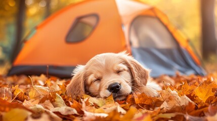 puppy pet camping concept Sleeping puppy surrounded by autumn leaves and a tent.