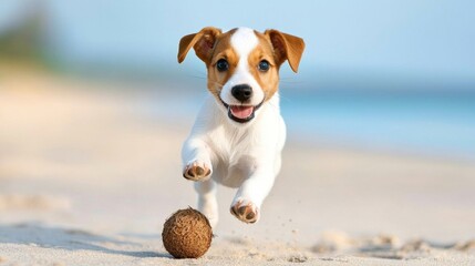 puppy pet camping concept Playful puppy running on the beach with a ball.