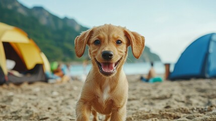 puppy pet camping concept Playful puppy enjoying a beach day in the sun.