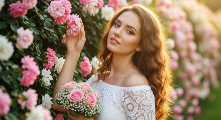 A woman in a white dress gently touches pink roses while standing in a lush garden filled with vibrant flowers.