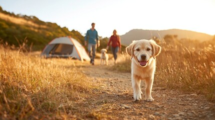 puppy pet camping concept Happy dog walking with people near a camping site.