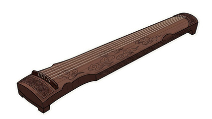Traditional Chinese Guqin Musical Instrument Isolated on White Background.