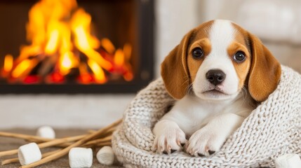 puppy pet camping concept Cozy puppy resting by a warm fireplace.