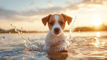 puppy pet camping concept Playful dog splashing in water during sunset.