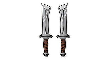 Two Identical Fantasy Short Swords with Ornate Handles and Sharp Blades.