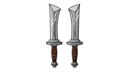 Two Identical Fantasy Short Swords with Ornate Handles and Sharp Blades.