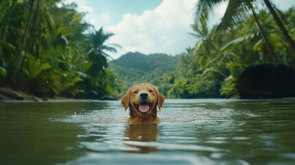 puppy pet camping concept Golden retriever swimming in a lush tropical setting.