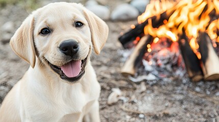 puppy pet camping concept Happy puppy beside a warm campfire.