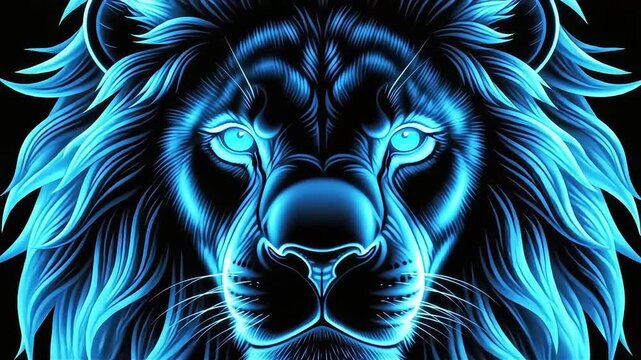 Glowing neon blue lion face with intense stare and mane
