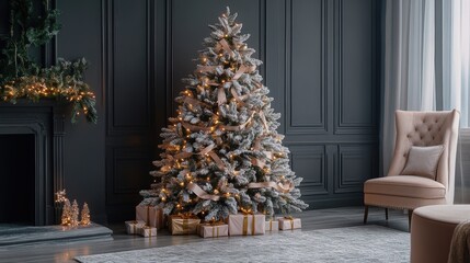 Fototapeta premium Christmas tree with white snowdrift,snowflakes,snow land,podium with bauble,Christmas theme stage podium mock up for product placement,Happy New Year. Celebrate party,Xmas Poster,web banner,festive.