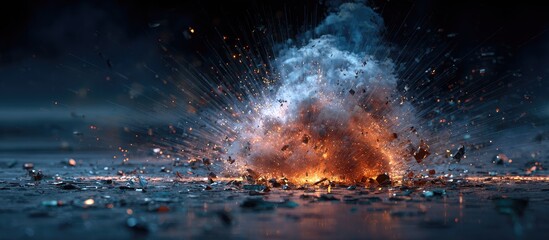 A violent, fiery explosion sends debris flying across a dark, reflective surface