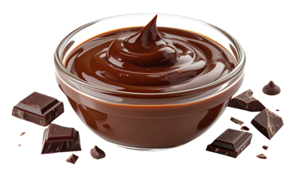 A clear glass bowl filled with rich, glossy melted chocolate, surrounded by chocolate squares