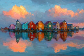 Colorful houses reflected in a calm water at sunset (1)