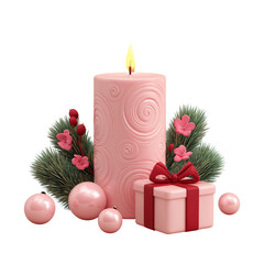 Pink Christmas candle with gift and baubles