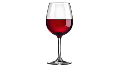 A clear glass filled with rich red liquid, held by a slender stem against a black background