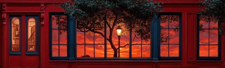 Red building with windows showing sunset