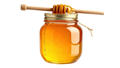 A clear glass jar filled with golden liquid, with wooden honey dipper resting on the lid