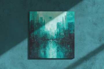 Teal cityscape canvas art on teal wall