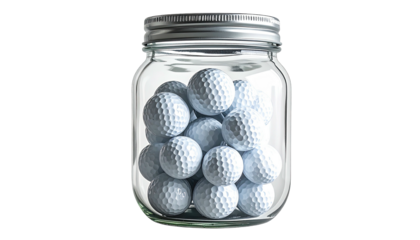 A clear glass jar filled with many white golf balls, with a silver lid, against black