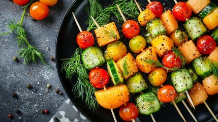 Colorful vegetable and fruit skewers served on a black plate with fresh herbs and spices in a bright kitchen setting