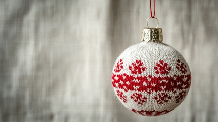 Knitted red and white Christmas ornament hanging against a soft, neutral background during the holiday season