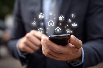 Businessman using phone with smart home icons floating above screen