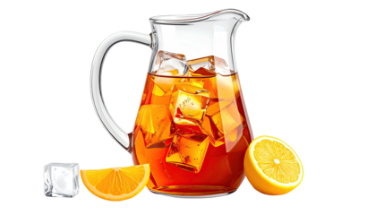 A clear glass pitcher filled with iced tea, slices of lemon, and ice cubes