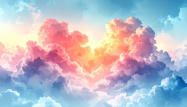 Abstract watercolor background with romantic blue hearts and love symbols floating like clouds in the summer sky for a Valentine's Day card design concept