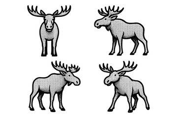 Obraz premium Halftone moose set: retro animal graphics in pop art style