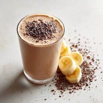 a glass of creamy cocao banana chia smoothie topped with cacao nips