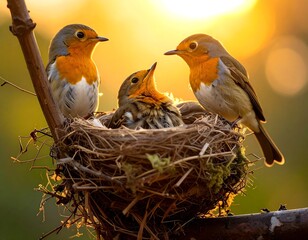 Three small birds in a nest bathed in golden sunlight