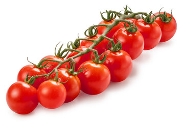 Fresh Japanese sweet tomatoes on the vine, isolated on white with clipping path, perfect for food, nutrition, and healthy lifestyle concepts.