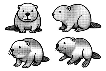 Obraz premium Halftone style cute beaver set with different poses