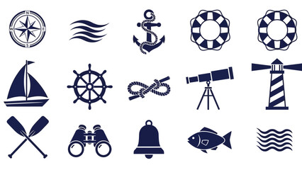 Sleek Solid Nautical Icons Collection Depicting Seafaring and Marine Elements
