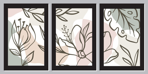 A collection of simple abstract floral posters featuring daisies and foliage. Modern botanical prints with a contemporary minimalist style. Trendy and fun posters in bright yellow, blue, and pink.