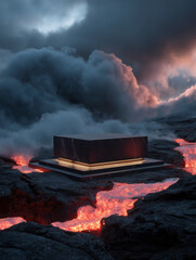 Dark platform on lava field with dramatic clouds