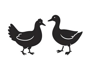 Fototapeta premium Black silhouette illustration of a chicken and duck standing side by side