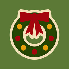 Christmas sticker. Green round wreath of fir branches with balls and a red bow with a white outline on a green background. Vector illustration. New Year's stickers. Banner for sales and discounts.