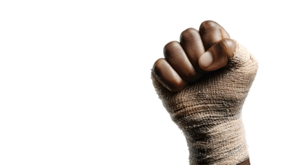 A close-up shot of a dark-skinned hand wrapped in bandages forming a powerful fist against a black background. isolated on white background