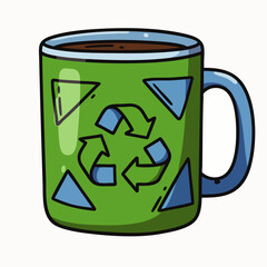 A green coffee mug with a recycling symbol and geometric patterns, representing eco-friendly beverage consumption.