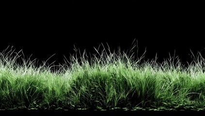 A detailed depiction of vibrant green blades of grass set against a stark black backdrop