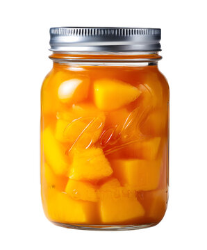 A glass mason jar filled with vibrant orange preserved mango pieces on a black background isolated on white background