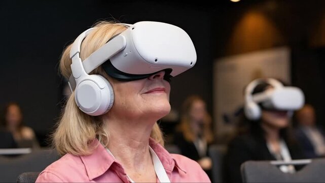 Engaged woman with blonde hair wearing a white virtual reality headset and headphones, looking up in an immersive digital experience at a modern te... - Powered by Adobe