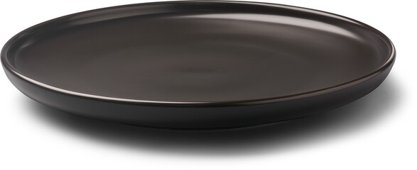 empty matte black ceramic plate isolated white background, mockup template for food photography with realistic shadow, side view with copy space