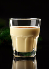 Festive Christmas eggnog in a bottle isolated on a black background, traditional Christmas drink