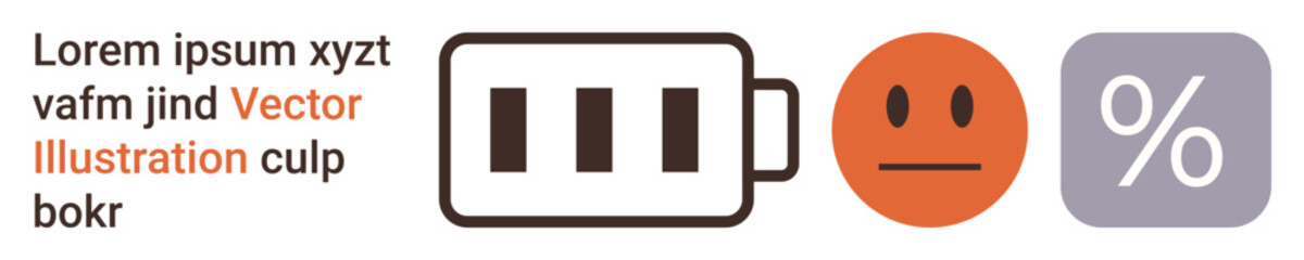 Energy monitoring, device efficiency, satisfaction measurement, data analysis, digital interface, user feedback. Battery with levels, neutral face and percentage symbol. Energy monitoring and device