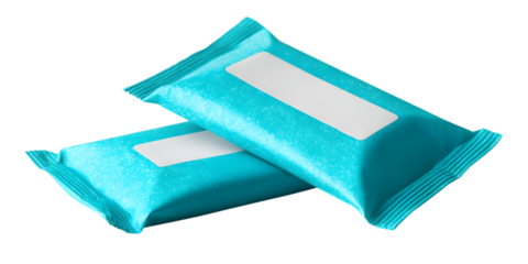 Bright teal colored single-serve packaging with blank labels on black background isolated on white background